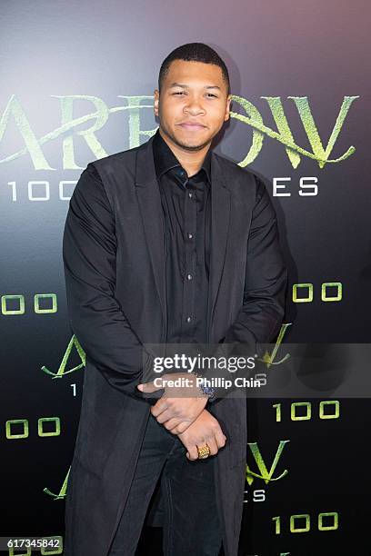 Actor Franz Drameh arrives on the green carpet for the celebration of the 100th Episode of CW's "Arrow" at the Fairmont Pacific Rim Hotel on Oct 22,...