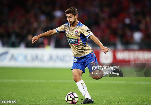 Ivan Vujica of the Jets controls the ball during the round three A-League match between the Western Sydney Wanderers and the Newcastle Jets at...