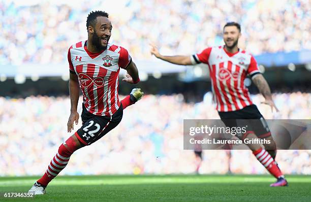 Nathan Redmond of Southampton celebrates after scoring the opening goal during the Premier League match between Manchester City and Southampton at...