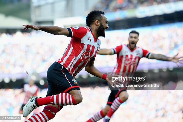 Nathan Redmond of Southampton celebrates after scoring the opening goal during the Premier League match between Manchester City and Southampton at...