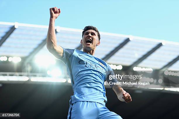 John Stones of Manchester City celebrates after scoring a goal which was later disallowed for offside during the Premier League match between...