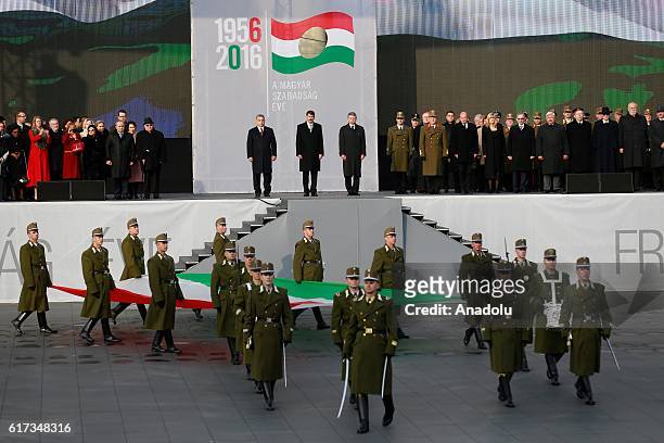 Hungary's Prime minister Viktor Orban , Janos Ader, the President of Hungary , Laszlo Kover Speaker of Hungarian Parliament , inspect Soldiers of the...