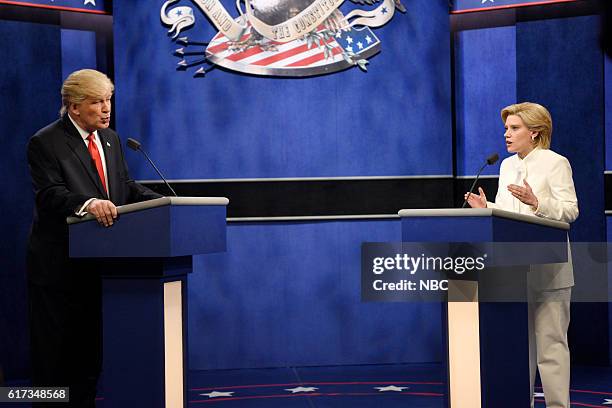Tom Hanks" Episode 1708 -- Pictured: Alec Baldwin as Republican Presidential Candidate Donald Trump and Kate McKinnon as Democratic Presidential...