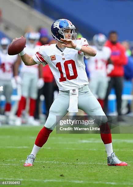 Eli Manning of the New York Giants in action during the NFL International Series match between New York Giants and Los Angeles Rams at Twickenham...