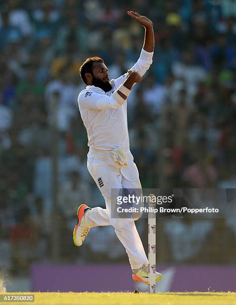Adil Rashid bowls during the fourth day of the first test match between Bangladesh and England at Zohur Ahmed Chowdhury Stadium on October 23, 2016...