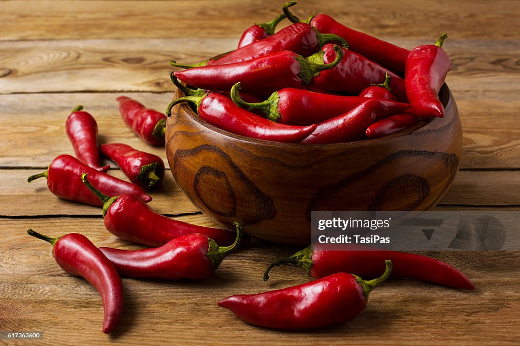Red hot chilli pepper in wooden bowl