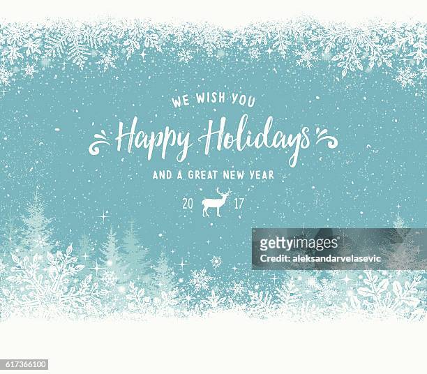 ilustraciones, imágenes clip art, dibujos animados e iconos de stock de fondo de vacaciones con marco de copo de nieve, árboles de navidad y renos - christmas border