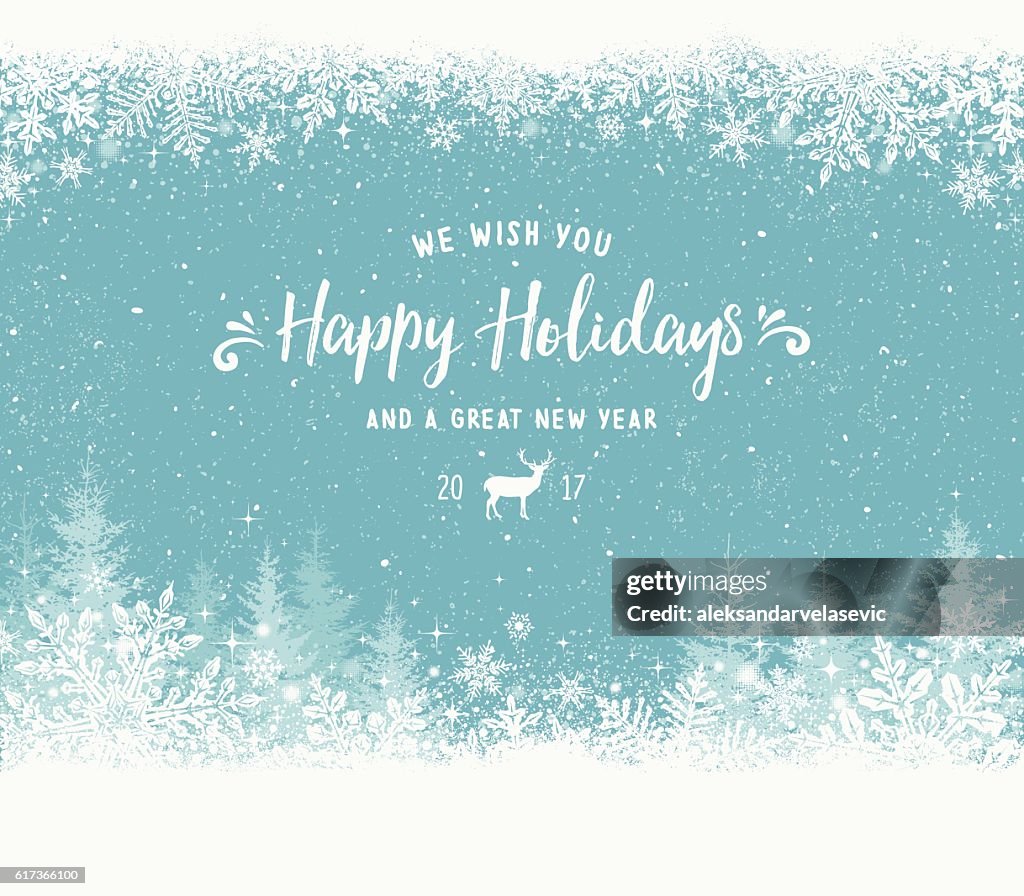 Holiday Background with Snowflake Frame, Christmas Trees and Reindeer