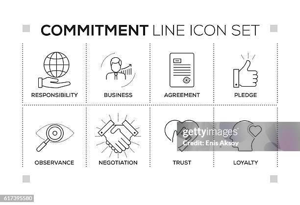 commitment-schlüsselwörter mit monochromen liniensymbolen - versprechen stock-grafiken, -clipart, -cartoons und -symbole