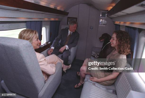 President William Jefferson Clinton, First Lady Hillary Rodham Clinton, daughter Chelsea Clinton, and Buddy the Dog sitting in Marine One, July 24,...