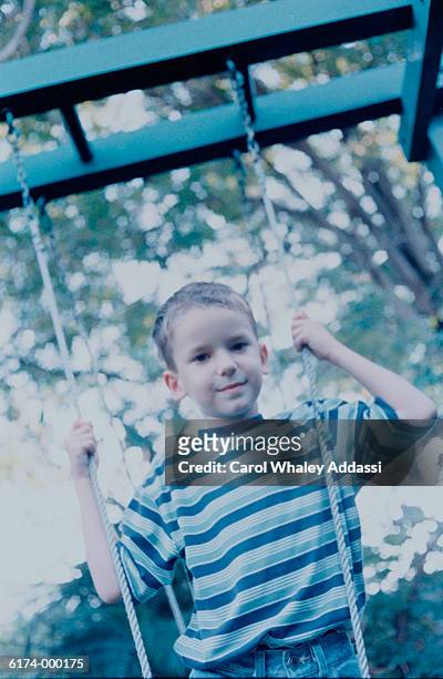 boy standing on swing - carol addassi stock pictures, royalty-free photos & images