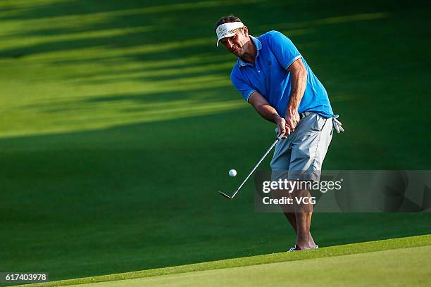 Retired English footballer Lee Sharpe in action during round 2 on the second day of the World Celebrity Pro-Am 2016 Mission Hills China Golf...