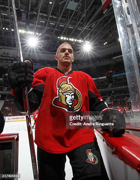 Mark Borowiecki of the Ottawa Senators leaves the ice after warmup prior to a game against the Arizona Coyotes at Canadian Tire Centre on October 18,...