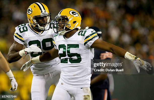 Marwin Evans of the Green Bay Packers and Kentrell Brice celebrate after Evans made a play in the fourth quarter against the Chicago Bears at Lambeau...