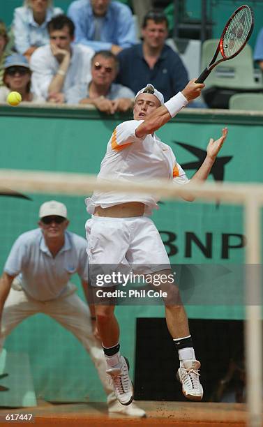 Lleyton Hewitt of Australia in action against Guillermo Canas of Argentina in the mens singles during the fourth round of the French Open at Roland...