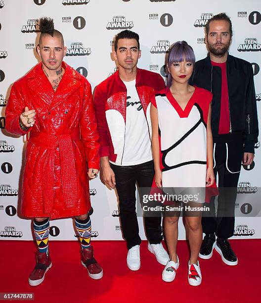 Cole Whittle, Joe Jonas, JinJoo Lee and Jack Lawless of DNCE attend BBC Radio 1's Teen Awards at SSE Arena Wembley on October 23, 2016 in London,...
