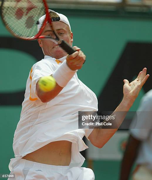 Lleyton Hewitt of Australia in action against Guillermo Canas of Argentina in the mens singles during the fourth round of the French Open at Roland...