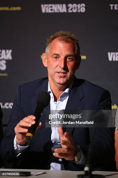 Tournament Director Thomas Muster talks during a press conference ahead of the start of Tie Break Tens at Wiener Stadthalle on October 23, 2016 in...