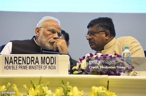 Prime Minister Narendra Modi with Union Minister of Law and justice and IT Ravi Shankar Prasad during the valedictory session of National Initiative...