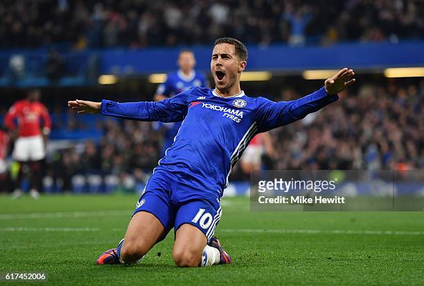 Eden Hazard of Chelsea celebrates scoring his sides third goal during the Premier League match between Chelsea and Manchester United at Stamford...