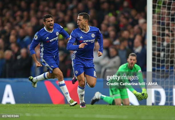 Eden Hazard of Chelsea celebrates after he scores to make it 3-0 with Diego Costa of Chelsea during the Premier League match between Chelsea and...
