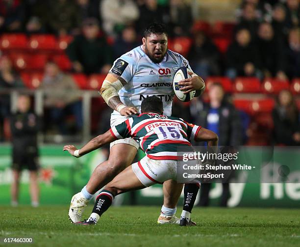 Racing 92's Ben Tameifuna is tackled by Leicester Tigers' Telusa Veainu during the Premier League match between Leicester City and Crystal Palace at...