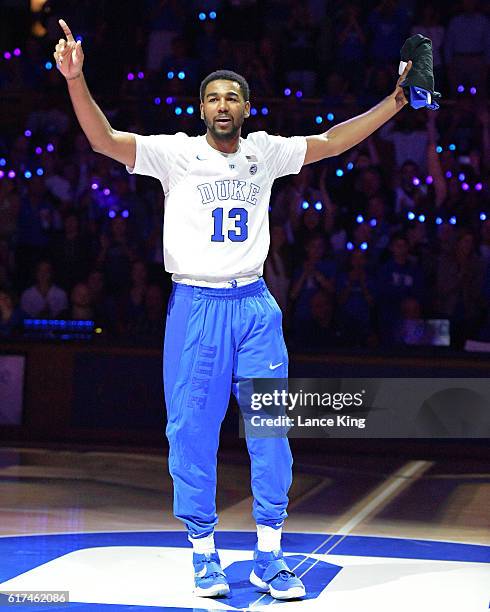 Matt Jones of the Duke Blue Devils waves to fans during player introductions during Countdown To Craziness at Cameron Indoor Stadium on October 22,...