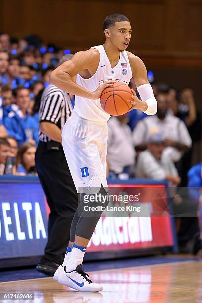 Jayson Tatum of the Duke Blue Devils in action during Countdown To Craziness at Cameron Indoor Stadium on October 22, 2016 in Durham, North Carolina.
