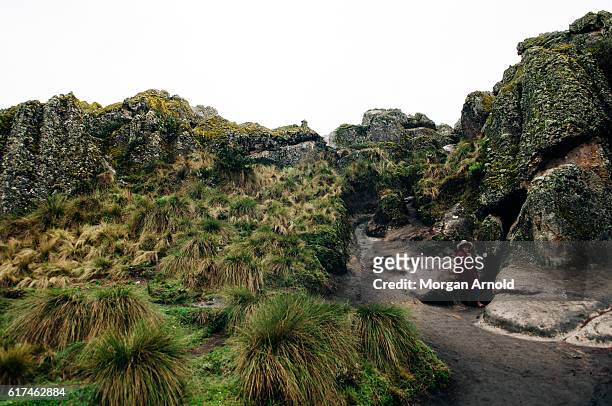 a woman wearing traditional clothing stands amongst a rock formation - cajamarca stock-fotos und bilder