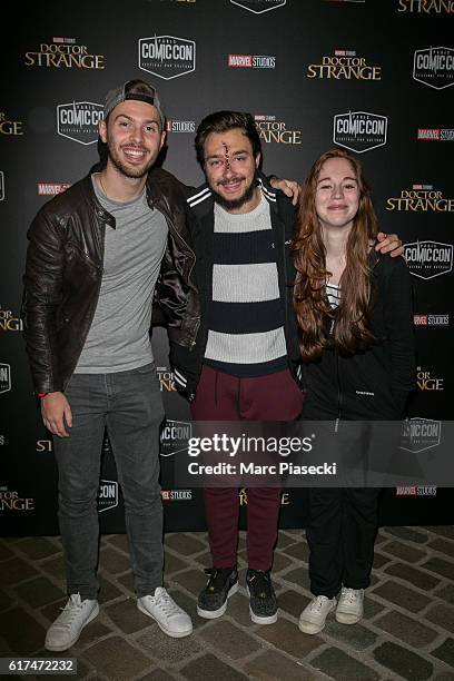 Julien Dachaud a.k.a. 'Newtiteuf', David Lafarge and Elodie Nassar a.k.a. 'MissJirachi' attend the 'ComicCon Paris 2016' Festival on October 23, 2016...