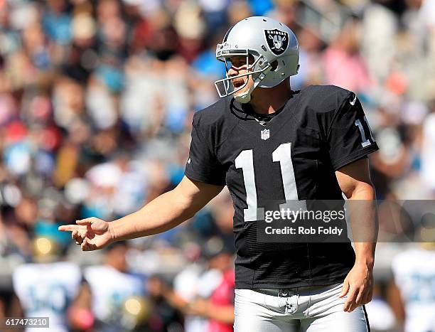 Sebastian Janikowski of the Oakland Raiders during the game against the Jacksonville Jaguars at EverBank Field on October 23, 2016 in Jacksonville,...