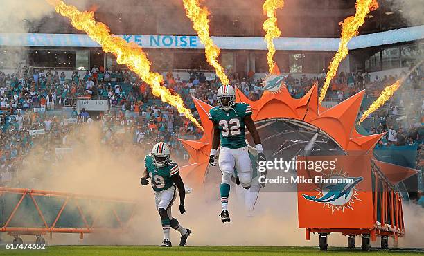Kenyan Drake of the Miami Dolphins takes the field during a game against the Buffalo Bills on October 23, 2016 in Miami Gardens, Florida.