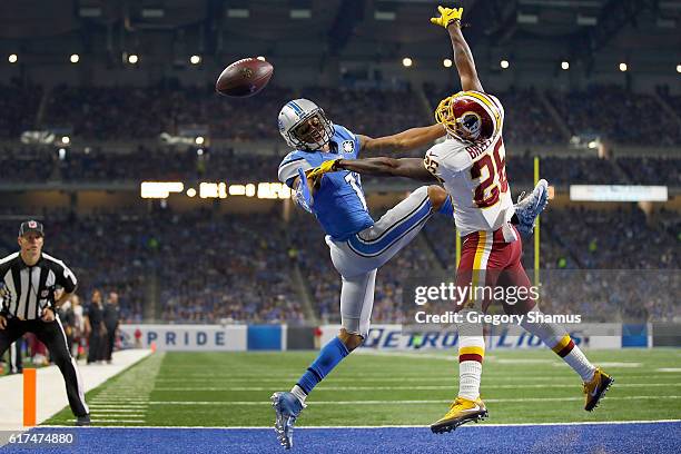 Bashaud Breeland of the Washington Redskins breaks up a pass intended for Marvin Jones of the Detroit Lions during third quarter action at Ford Field...