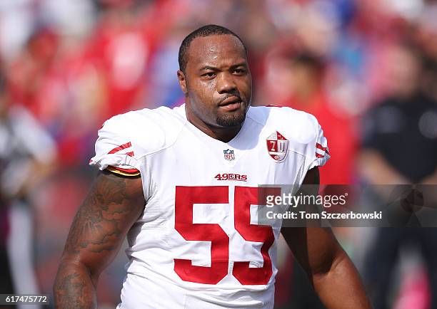 Ahmad Brooks of the San Francisco 49ers warms up before the start of NFL game action against the Buffalo Bills at New Era Field on October 16, 2016...