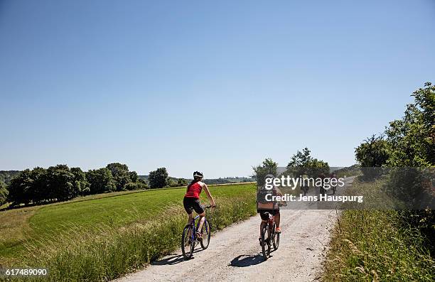 friends cycling on road against clear sky - thüringen stock-fotos und bilder