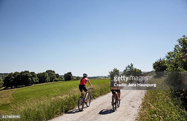 friends cycling on road against clear sky - turíngia - fotografias e filmes do acervo