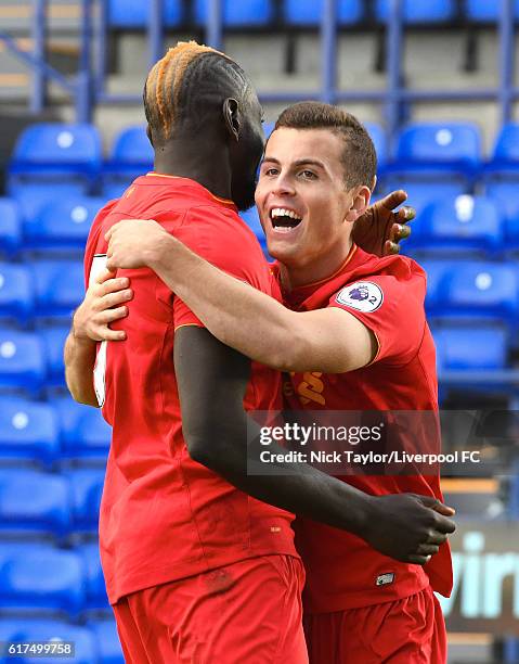 Brooks Lennon of Liverpool celebrates his goal with Mamadou Sakho during the Liverpool v Everton Premier League 2 game at Prenton Park on October 23,...