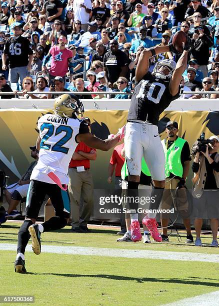 Seth Roberts of the Oakland Raiders catches a touchdown pass in front of Aaron Colvin of the Jacksonville Jaguars during the game at EverBank Field...