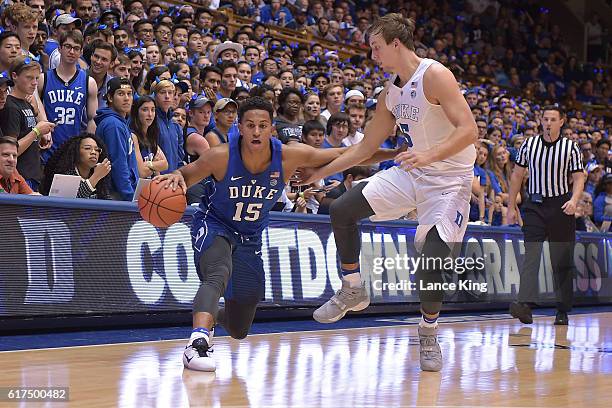 Frank Jackson of the Duke Blue Devils moves the ball against Luke Kennard during Countdown To Craziness at Cameron Indoor Stadium on October 22, 2016...