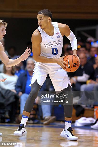 Jayson Tatum of the Duke Blue Devils controls the ball during Countdown To Craziness at Cameron Indoor Stadium on October 22, 2016 in Durham, North...
