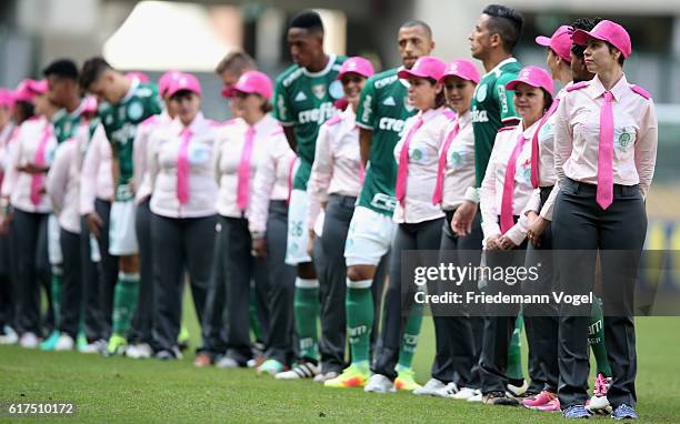 The team of Palmeiras lines up before the match between Palmeiras and Sport Recife for the Brazilian Series A 2016 at Allianz Parque on October 23,...