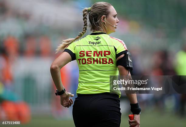 Referee Assistant Nadine Schramm Camara Bastos looks on during the match between Palmeiras and Sport Recife for the Brazilian Series A 2016 at...