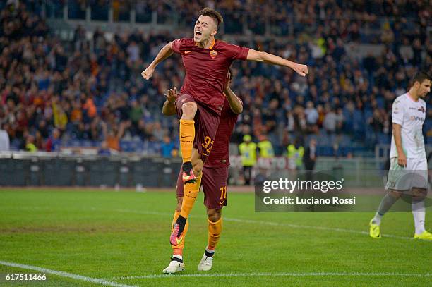 Stephan El Shaarawy of AS Roma celebrates after scoring a goal during the Serie A match between AS Roma and US Citta di Palermo at Stadio Olimpico on...