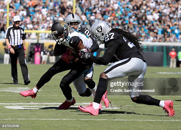 Allen Robinson of the Jacksonville Jaguars fights for yardage after a catch as Reggie Nelson of the Oakland Raiders closes in during the game at...