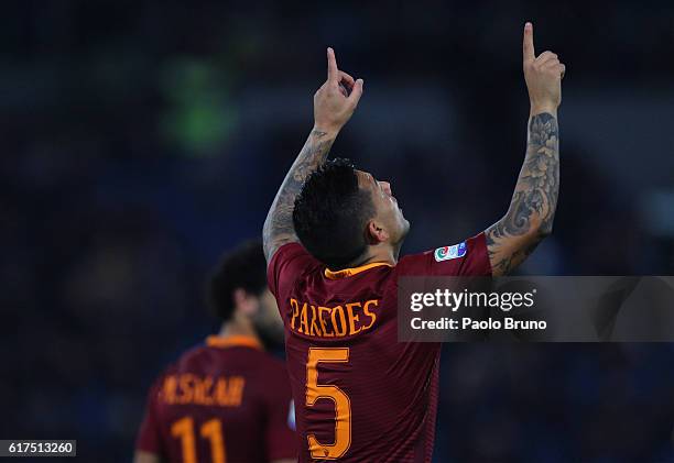 Leandro Paredes of AS Roma celebrates after scoring the team's second goal during the Serie A match between AS Roma and US Citta di Palermo at Stadio...