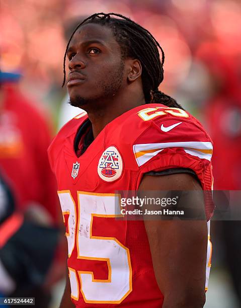 Running back Jamaal Charles of the Kansas City Chiefs looks at the scoreboard on a official review at Arrowhead Stadium during the fourth quarter of...