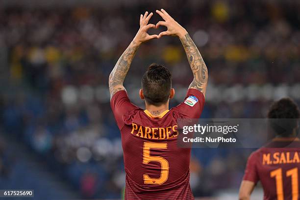 Leandro Paredes celebrates after his score a goal 2-0 during the Italian Serie A football match between A.S. Roma and U.S. Palermo at the Olympic...
