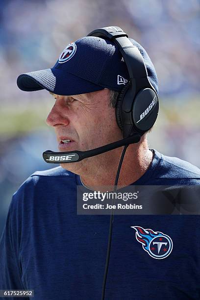 Head coach Mike Mularkey of the Tennessee Titans looks on against the Indianapolis Colts in the second quarter of the game at Nissan Stadium on...