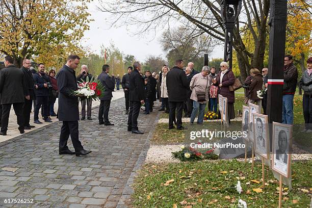 President of Poland Andrzej Duda lays flowers at the polish monument of Hungarian Revolution of 1956 at New Public Cemetery at Rakoskeresztur in...