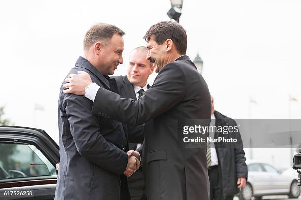 President of Poland Andrzej Duda meet with President of Hungary Janos Ader at Sandor Palace in Budapest, Hungary on 23 October 2016.